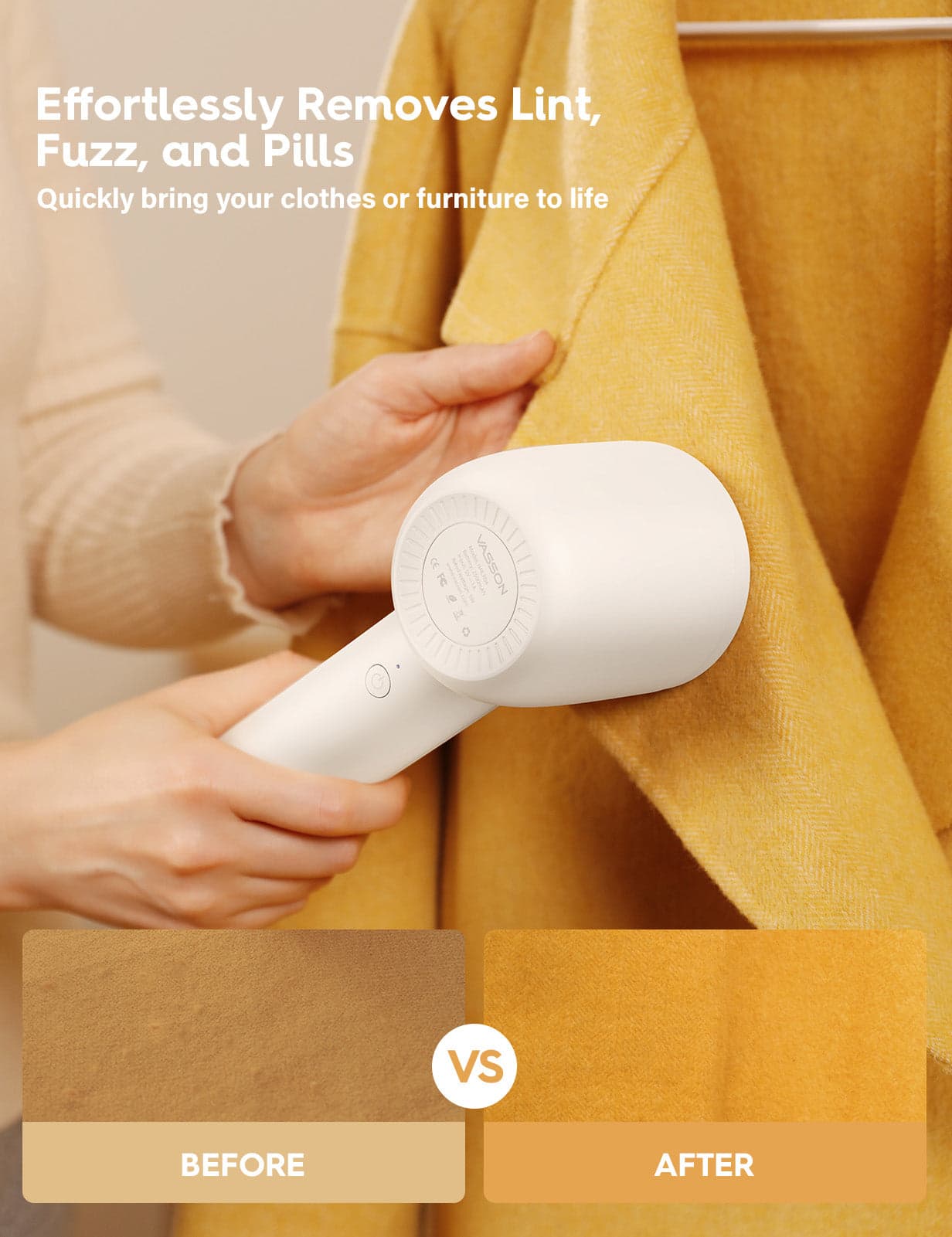 VASSON Fabric Shaver, Electric Lint Remover Rechargeable, Lint Shaver, Sweater Shavers to Remove Pilling, Sweater Defuzzer, Depillers for Clothes, Furniture (Ivory White) 2