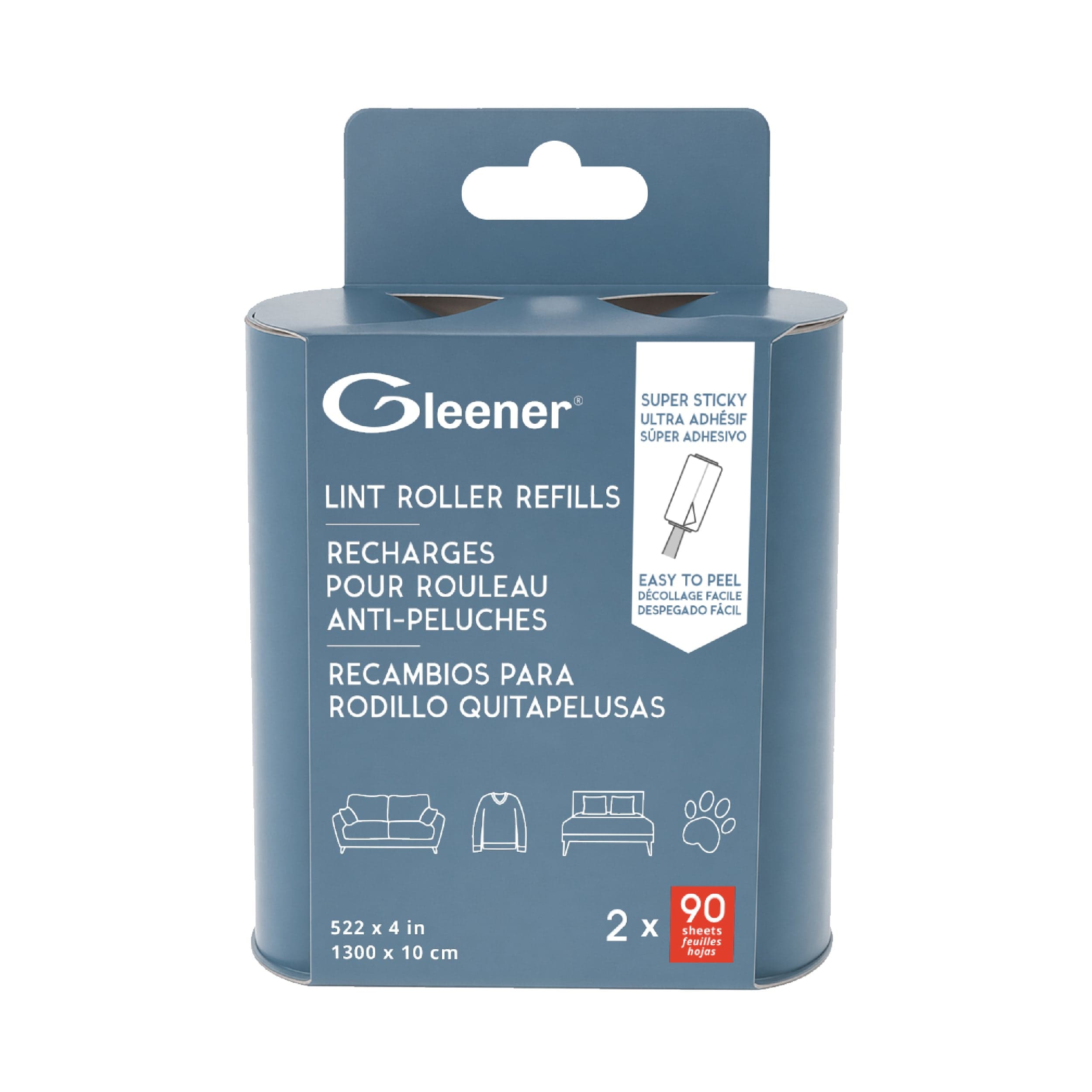 GLEENER Lint Roller Refills | Strong Grip Adhesive Easy Peel Sheets | 2 Pack | 90 Sheets Each