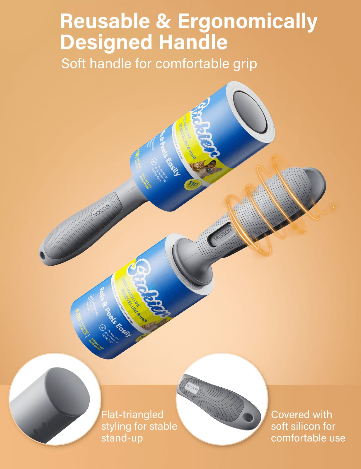 VASSON Lint Roller, 440 Sheets, 4 Rollers Value Pack, Extra Sticky Lint Roller for Clothes, Pet Hair, and Furniture (1 Handle + 440 Sheets) 2